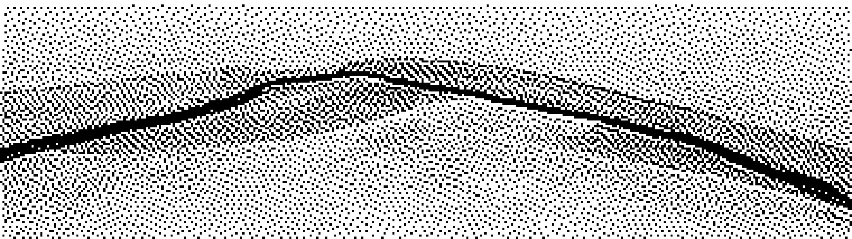 Die zugefrorene Oberfläche eines Flusses von oben, in Atkinson-Dither. Eine einzelne dunkle Bruchlinie zieht quer durch das helle Eis.