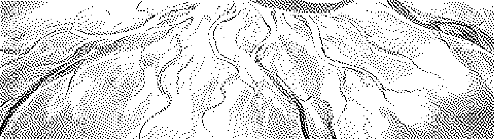 Ein Flussdelta von oben in Atkinson-Dither. Aus einem Lauf fächern viele schmale Arme auf, die meisten werden dünner und verlieren sich im hellen Sand.