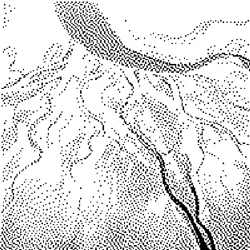 Ein Flussdelta von oben in Atkinson-Dither. Aus einem Lauf fächern viele schmale Arme auf, die meisten werden dünner und verlieren sich im hellen Sand.