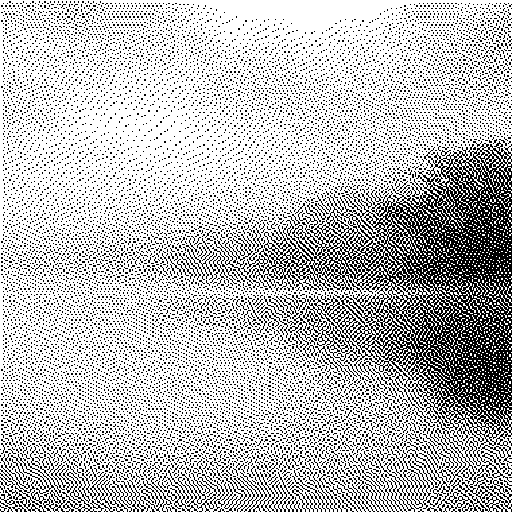 Morgennebel über einem stillen See in Atkinson-Dither. Das gegenüberliegende Ufer zeichnet sich erst schwach ab, die Wasserfläche liegt glatt und ohne Bewegung darunter.