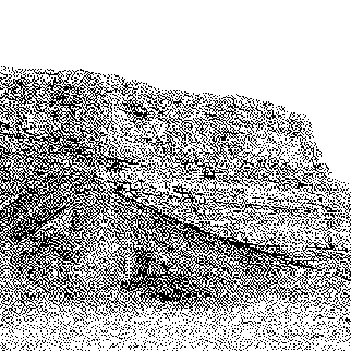 Eine Felswand mit zwei Schichtpaketen, in Atkinson-Dither. Die beiden Lagen stoßen in deutlichem Winkel aneinander.