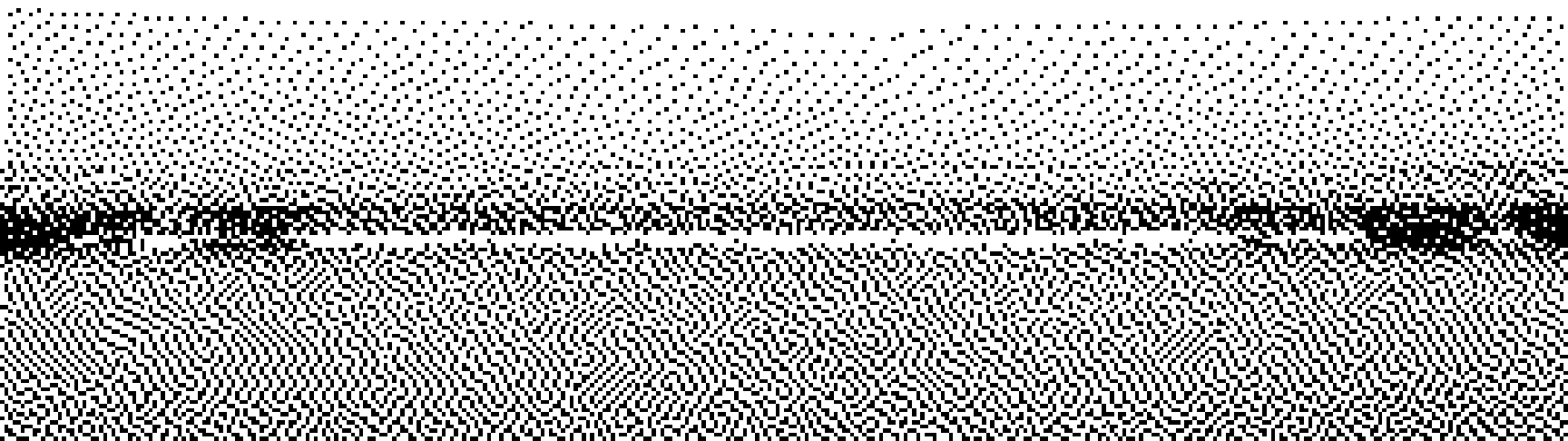 Aufgestautes Wasser über einer niedrigen Schwelle in Atkinson-Dither. Die Fläche darüber liegt ruhig, quer durch das Bild läuft eine scharfe Kante, dahinter wird es dunkel.