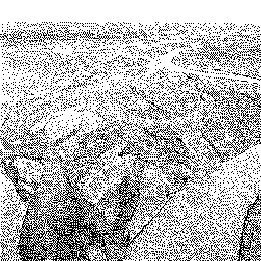 Ein verzweigter Fluss von oben, in Atkinson-Dither. Viele Arme führen Wasser ueber die Kiesfläche, einer am Rand liegt trocken.